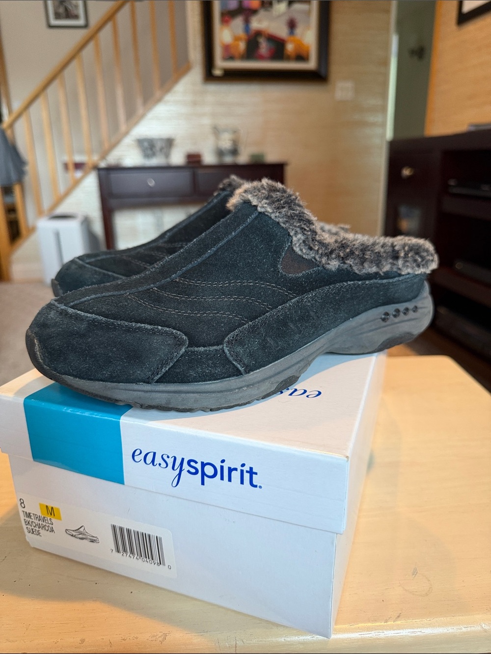 Easy Spirit Black Suede Fur-Trim Clog Mules